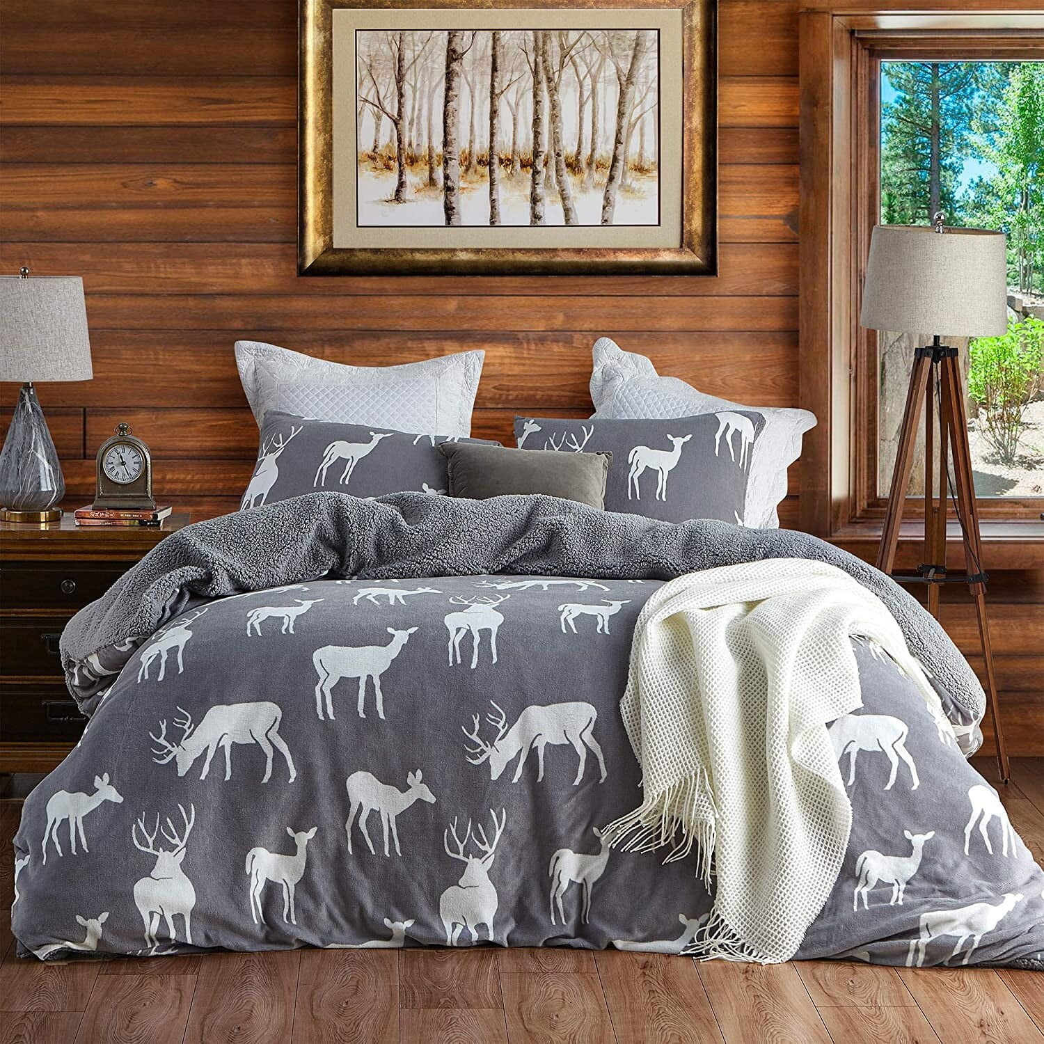 Dusky Gray Velvet Twin XL Duvet Cover with Deer Print