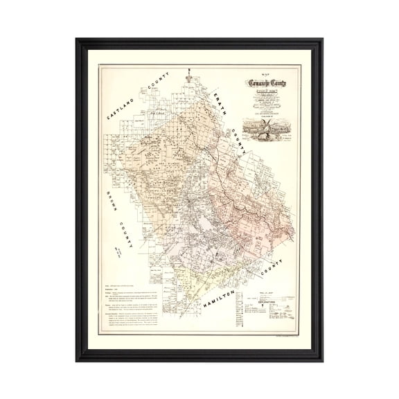 Comanche County Texas Art, 1876 Vintage Map of Comanche County TX History Wall Decor Gift, Old Comanche County TX Map - 18" x 24" Black Framed Print