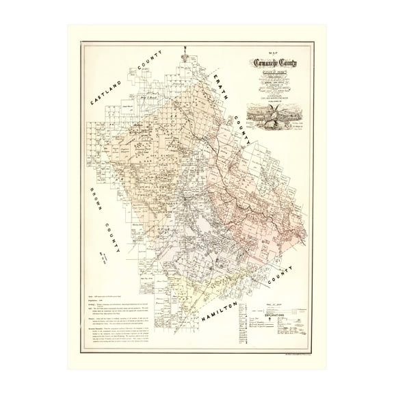 Comanche County Texas Art, 1876 Vintage Map of Comanche County TX History Wall Decor Gift, Old Comanche County TX Map - 18" x 24" Unframed Print