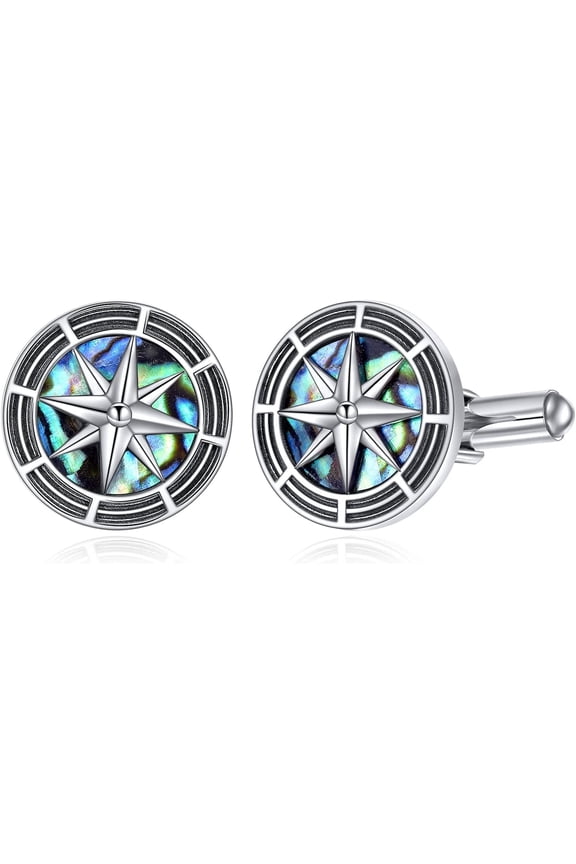 Comapss Cufflinks Sterling Silver Ablone Shell Compass Cufflinks Jewelry for Men