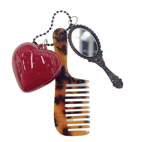 Leopard Pattern Acetate Comb Keychain with Makeup Tool and Heart Metal Keyring Multifunctional Key Chain Ornament
