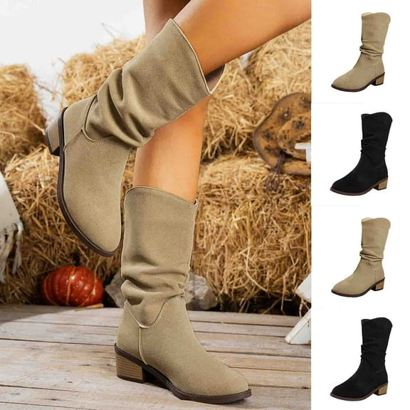 Combat Boots Womens TKYCMSUAKI Mid Calf Dress Boots for Women Biker Boots Women Chunky Heel Slouchy Metal Buckle Side Zipper Winter Boots