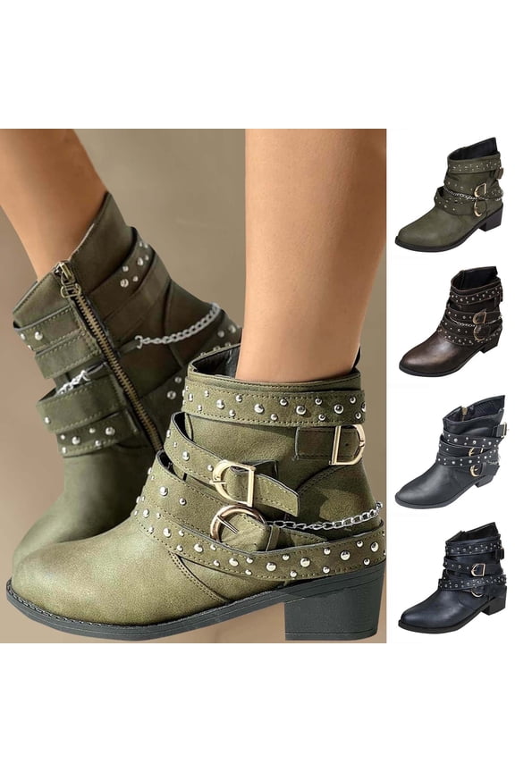 Combat Boots Womens TKYCMSUAKI Women's Goth Leather Block Heel Ankle Boots Fashion Studded Ankle Strap Trim Punk Boots Winter Side Zipper Motorcycle Short Booties