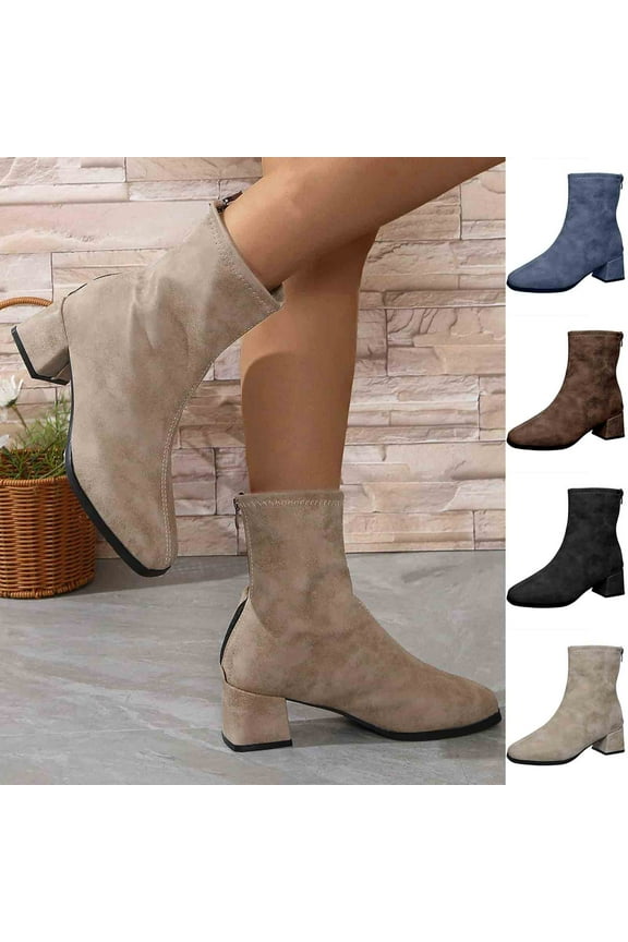 Combat Boots Womens TKYCMSUAKI Women's Mid Calf Boots, Wide Width Slouchy Boots for Girls Ladies Faux Suede Pull On Boots Fashion Retro Low Stacked Heel Winter Fall Short Boots