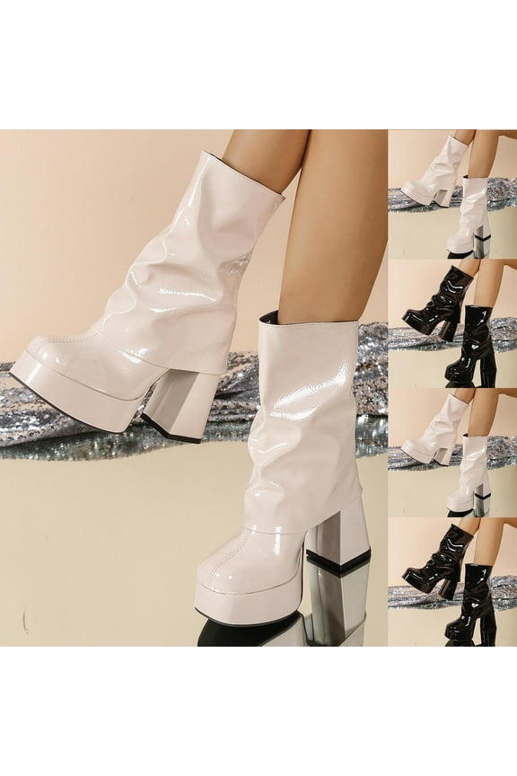 Combat Boots Womens TKYCMSUAKI Women's Platform Mid Calf Boots Square Toe Fold Over Chunky Heel Ankle Boots High Heel Mid-Calf Boots