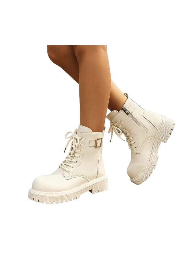 Combat Boots Womens Trendy Buckle Lug Sole Furry Lined Winter Booties Lace up Side Zipper Waterproof Leather Cold Weather Ankle Boots Beige Size 6