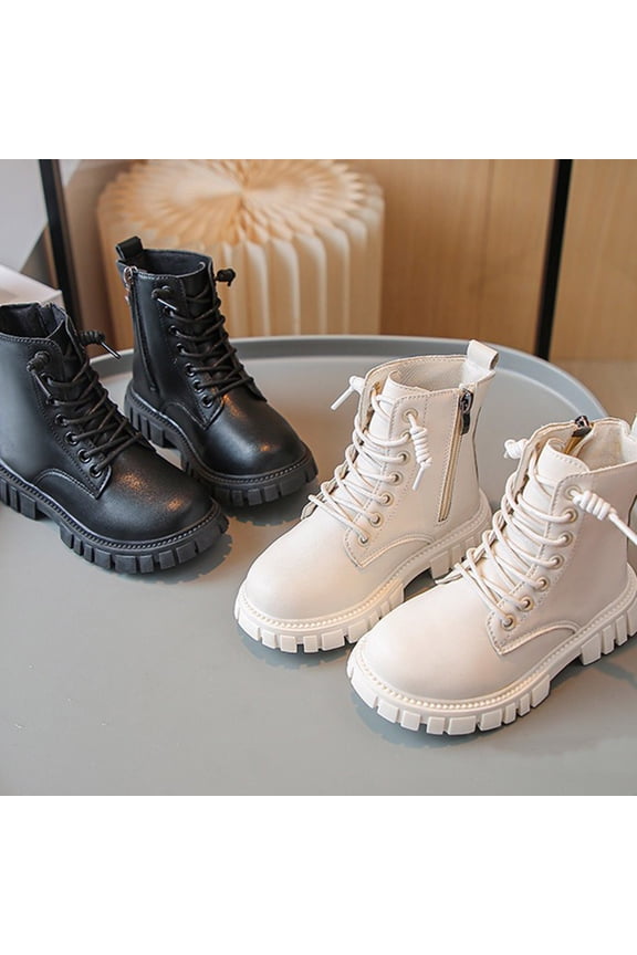 Combat Boots for Girls Size 6 Girls Mid Calf Boots Lace up Side Zipper Chunky Sole Flatform Low Heel Leather Fashion Ankle Boots