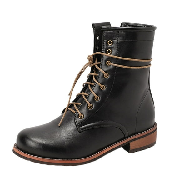 Combat Boots for Women 2025 Vintage Casual Leather Round Toe Lace up Low Heel Zip up Mid Calf Ankle Booties