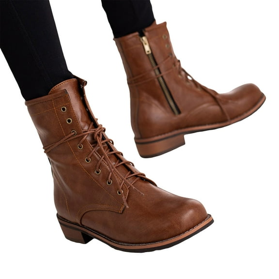 Combat Boots for Women 2025 Vintage Casual Leather Round Toe Lace up Low Heel Zip up Mid Calf Ankle Booties