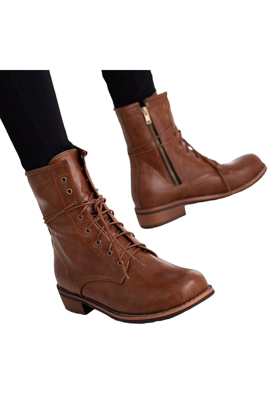 Combat Boots for Women 2025 Vintage Casual Leather Round Toe Lace up Low Heel Zip up Mid Calf Ankle Booties