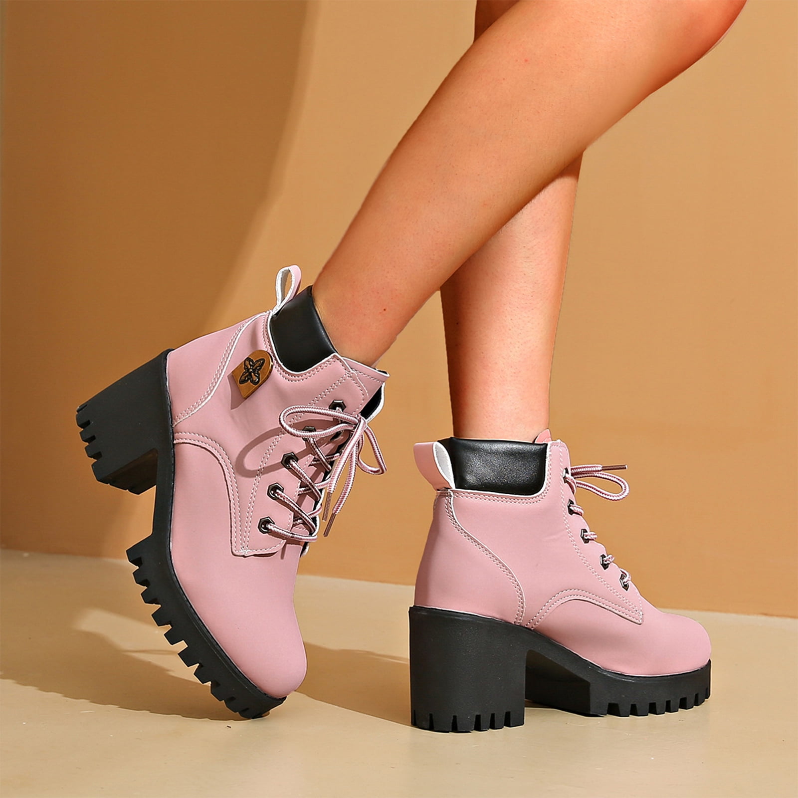 Custom Round Platform Combat Boots for Women, Chunky High Heel Platform Lace Up Ankle Booties ...
