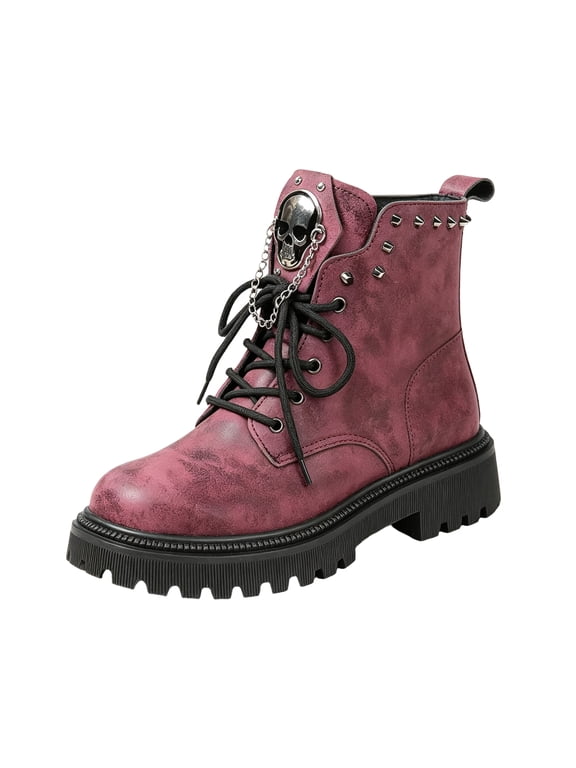 Combat Boots for Women Skull Chain Platform Ankle Booties Chunky Lug Sole Lace Up Studded Goth 42