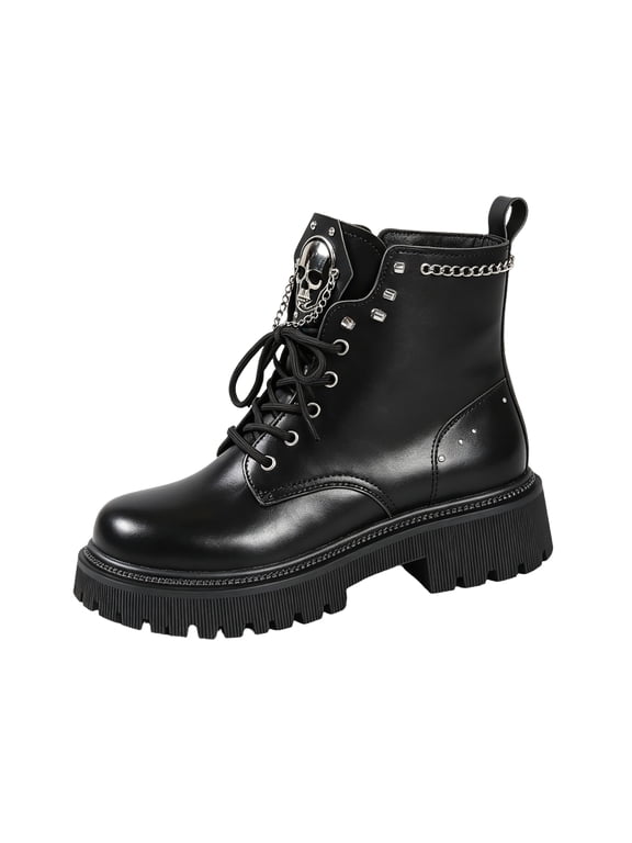 Combat Boots for Women Skull Chain Platform Ankle Booties Chunky Lug Sole Lace Up Studded Goth 42