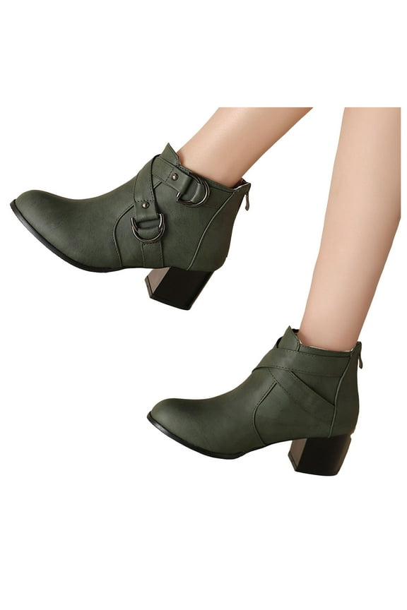Combat Dress Boots for Women 2025 Fashion Cross Buckle Straps Leather Chunky Mid Heel Short Ankle Booties