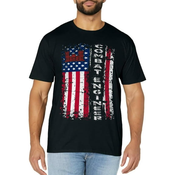 Combat Engineer Distressed American Flag - U.S. Military T-Shirt