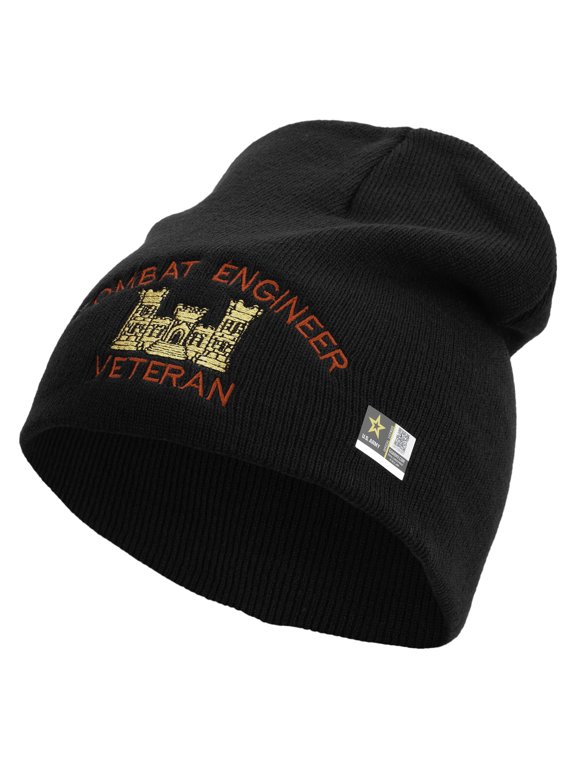Combat Engineer Veteran Embroidered 8 Inch Knitted Short Beanie - Black OSFM