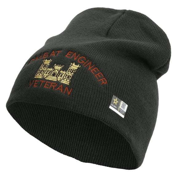 Combat Engineer Veteran Embroidered 8 Inch Knitted Short Beanie - DK Grey OSFM