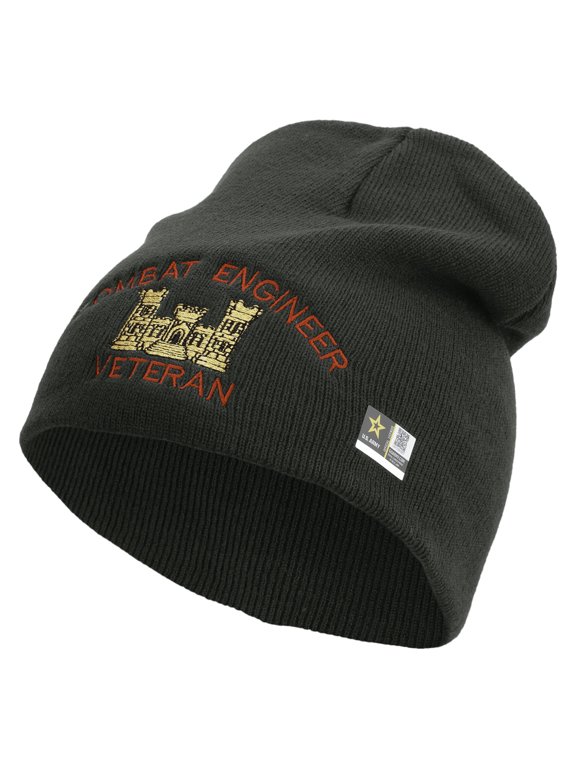 Combat Engineer Veteran Embroidered 8 Inch Knitted Short Beanie - DK Grey OSFM