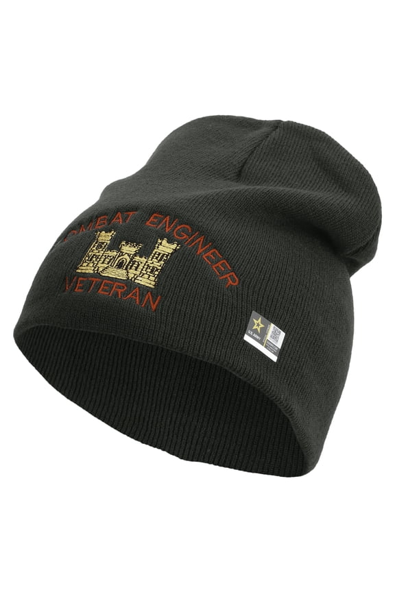 Combat Engineer Veteran Embroidered 8 Inch Knitted Short Beanie - DK Grey OSFM
