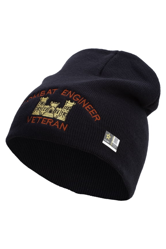 Combat Engineer Veteran Embroidered 8 Inch Knitted Short Beanie - Navy OSFM