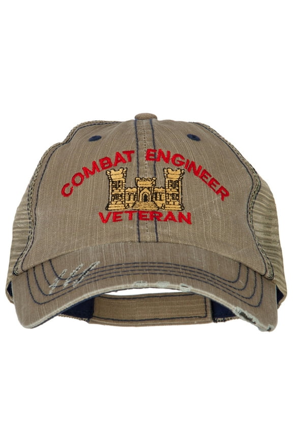 Combat Engineer Veteran Embroidered Low Profile Cotton Mesh Cap - Khaki OSFM