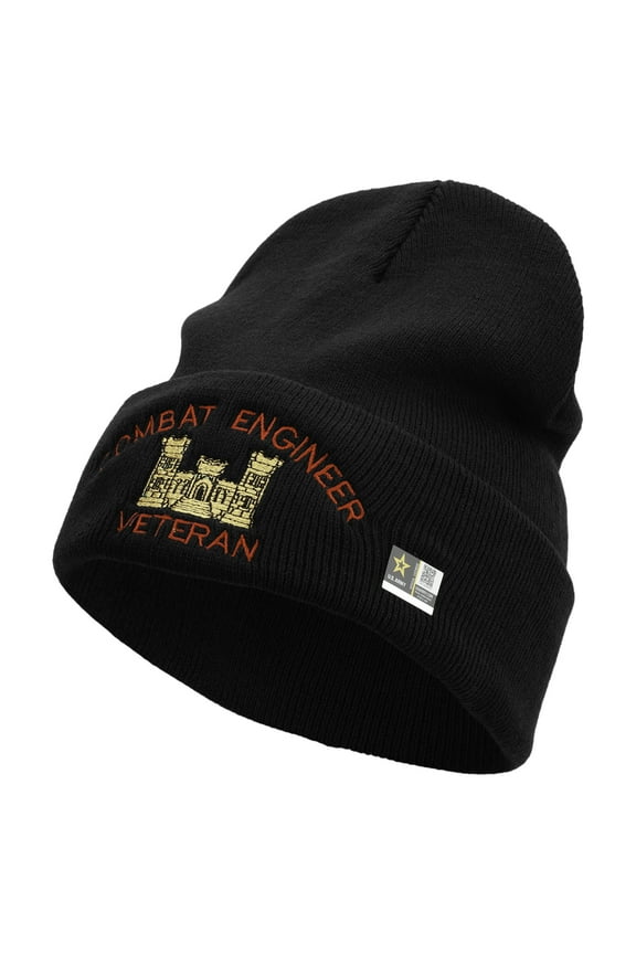 Combat Engineer Veteran Logo Embroidered 12 Inch Long Knitted Beanie - Black OSFM