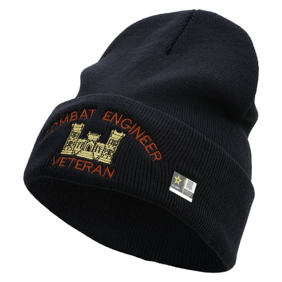 Combat Engineer Veteran Logo Embroidered 12 Inch Long Knitted Beanie - Navy OSFM