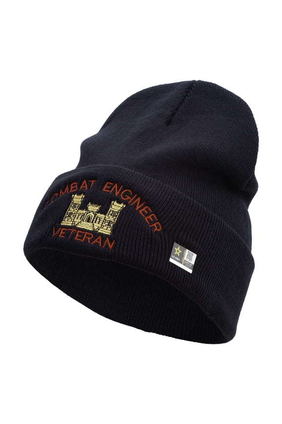 Combat Engineer Veteran Logo Embroidered 12 Inch Long Knitted Beanie - Navy OSFM