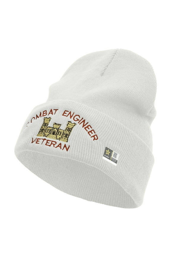 Combat Engineer Veteran Logo Embroidered 12 Inch Long Knitted Beanie - White OSFM