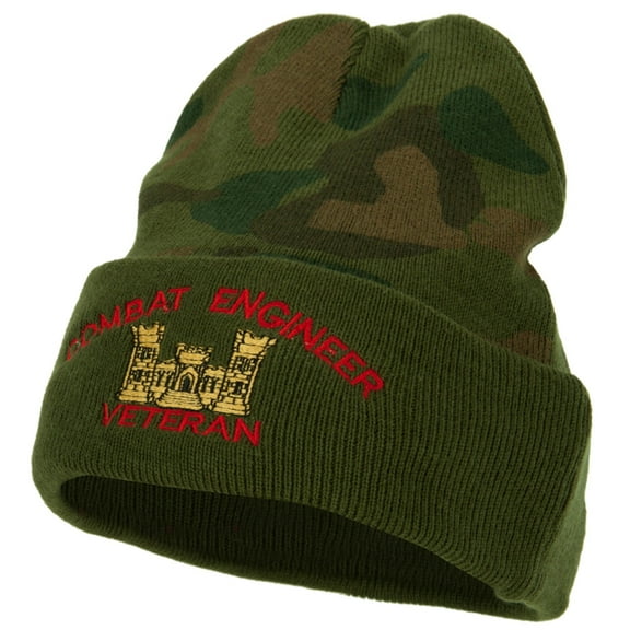Combat Engineer Veteran Logo Embroidered Camo Knit Long Cuff Beanie - Green OSFM