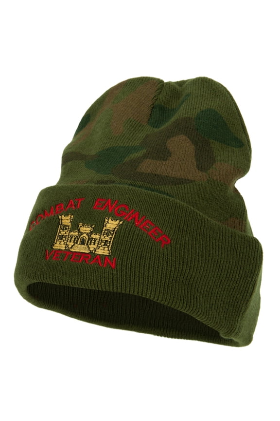 Combat Engineer Veteran Logo Embroidered Camo Knit Long Cuff Beanie - Green OSFM