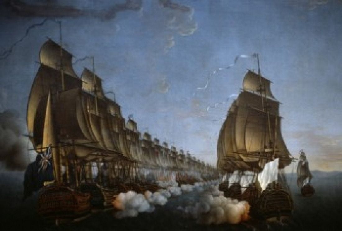 Combat Between the French and English Fleets as Viewed from Goudelour June 20 1783 Auguste Louis Rossel de Cercy (ca 1736-ca1829 French) Canvas Art - Auguste Louis Rossel de Cercy (24 x 36)