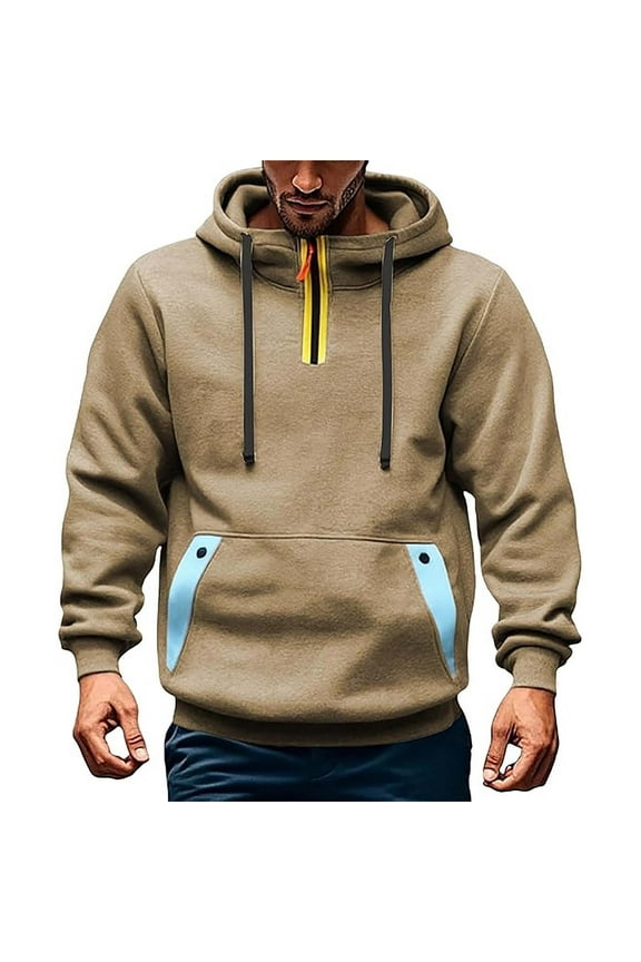 Hoodie for Men Long Sleeve Fleece Jacket Soft Casual Pullover Hooded Sweatshirt Cargo Hoody Lightweight Jackets Patchwork Tops Fall Outwear for Fitness Wear & Workout
