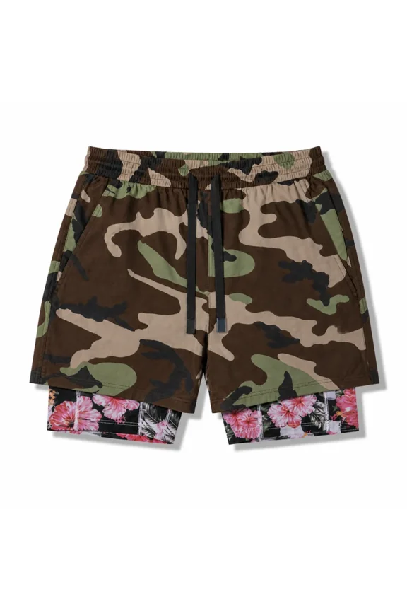 Men's Forged Training Shorts, Athletic Performance Shorts with Built-In Compression Liner, BDU CAMO / Classy Checkers, 2X-Large