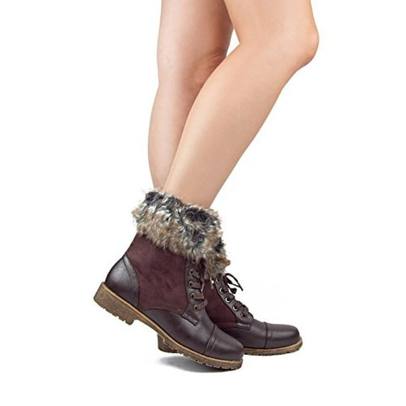 Combat Lace Up Faux Fur Ankle Cuff Lug Sole Booties (Brown, 5.5 B(M) US)