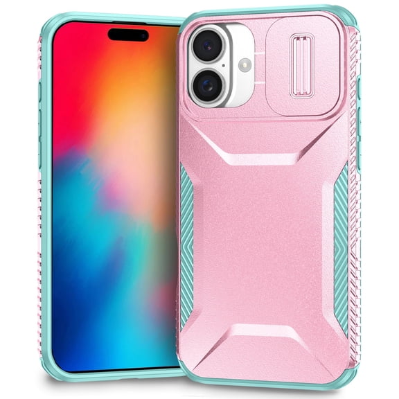 Combat Tough Series Hybrid Case with Camera Lens Cover for iPhone 16 - Pink Teal
