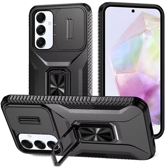 Combat Tough Series Ring Holder Case with Camera Lens Cover for Samsung Galaxy A36 5G - Black