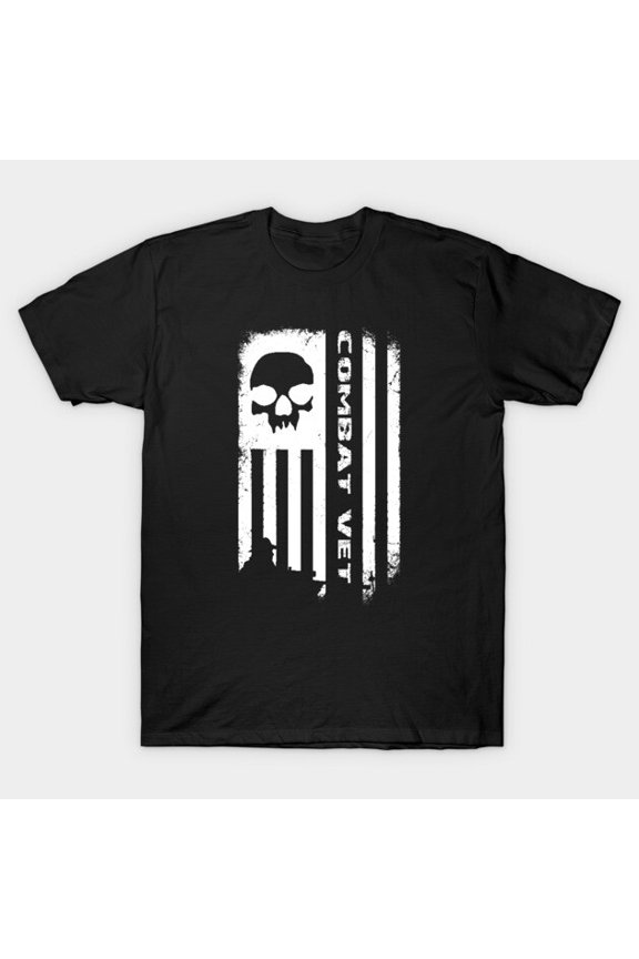 Combat Veteran Skeleton Head with American Flag Patriotic Military Graphic G1054 Unisex T-Shirt, Up to Size 5XL