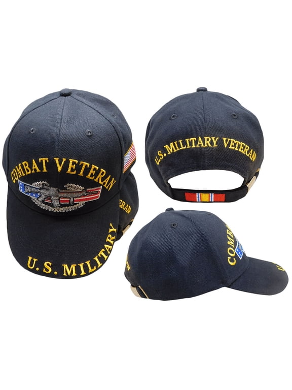 Combat Veteran U.S. Military USA Flag Black Embroidered Baseball Cap Hat