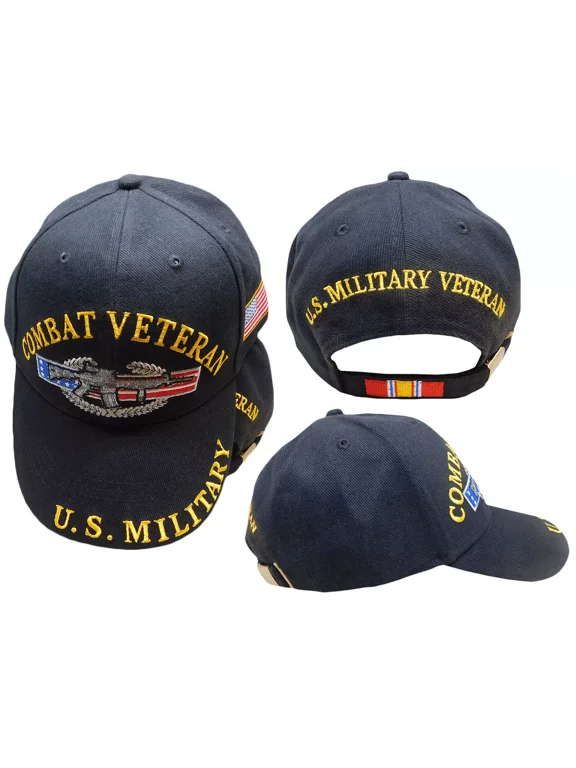 Combat Veteran U.S. Military USA Flag Gun Ribbon Black Embroidered Cap Hat