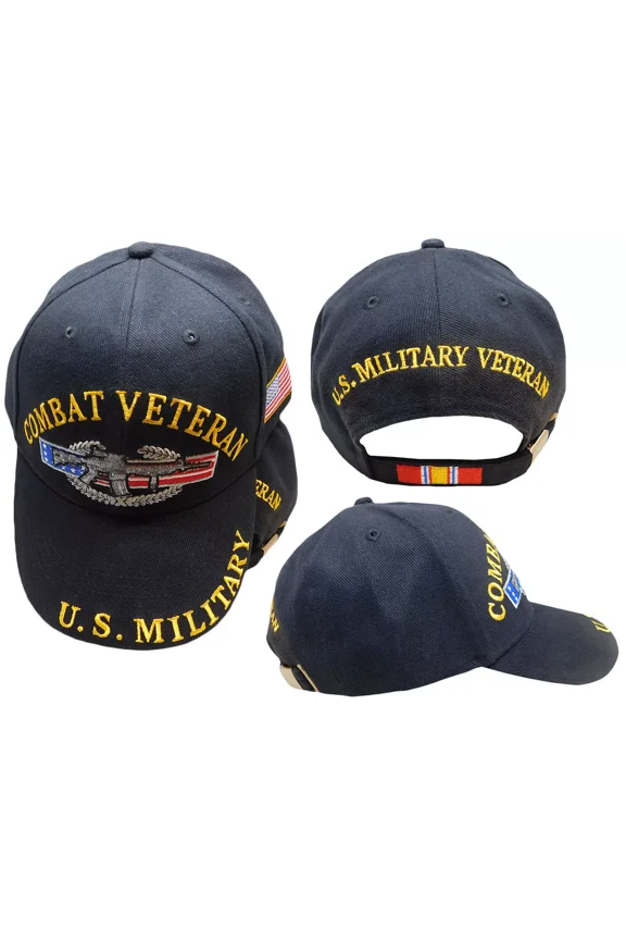 Combat Veteran U.S. Military USA Flag Gun Ribbon Black Embroidered Cap Hat