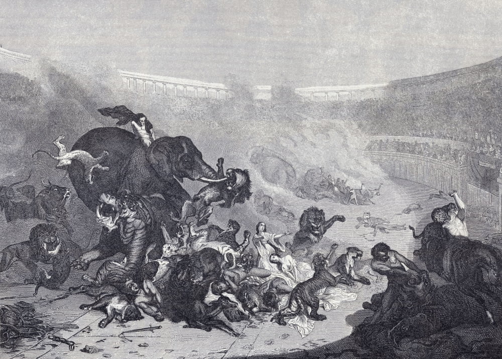 Combat With Wild Beasts In The Colosseum In Ancient Rome From A 19Th Century Engraving Canvas Art - Ken Welsh Design Pics (17 x 12)