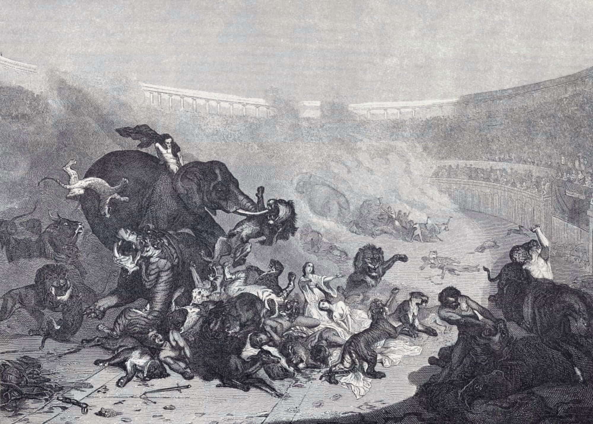 Combat With Wild Beasts In The Colosseum In Ancient Rome From A 19Th Century Engraving Canvas Art - Ken Welsh Design Pics (34 x 24)