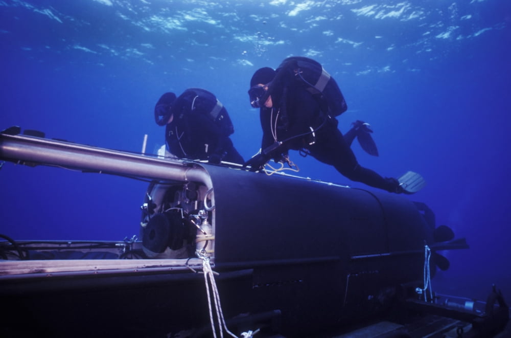 Combat swimmers swim above a Seal Delivery Vehicle Canvas Art - Michael WoodStocktrek Images (18 x 12)