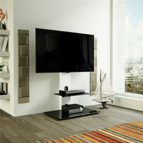 Combi Lesina Flat Pedestal TV Stand - Satin White & Black Glass
