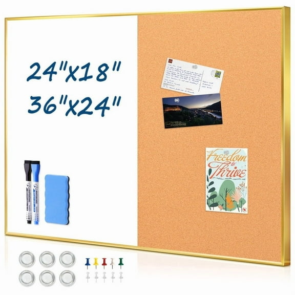 Combination Board Cork Board White Board Combo, 24 x 18 Inch Bulletin Board-Gold Frame, Magnetic Dry Erase Board & Corkboard for Wall, Vision Board for Office, Home
