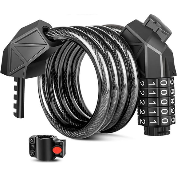 Bike Lock Cable, Anti Theft Bicycle Lock Chain, Bike Combination Lock 5 Digit Security Resettable Self Coiling Combination Cable Combo Bike Locks with Mounting Bracket, 4 Feet x 1/2 Inch (Black)