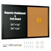 Combination Chalk and Cork Board 36" x 24" Magnetic Chalkboard Combo Bulletin Board Cork Board and Chalkboard Combo Entryway Wall Organizer - Includes Chalk, Push Pins, Magnets