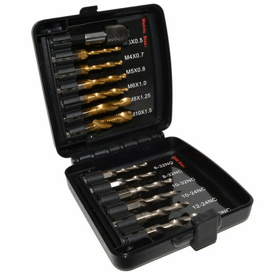 Combination Drill & Tap Bit Set, 6 pc SAE (6-32NC ~ 1/4-20NC) and 6 pc Metric (M3 ~ M10) Titanium Coated Drill Bits Kit for Drilling Screw Threads Tapping Countersinking, with Quick Change Adapter