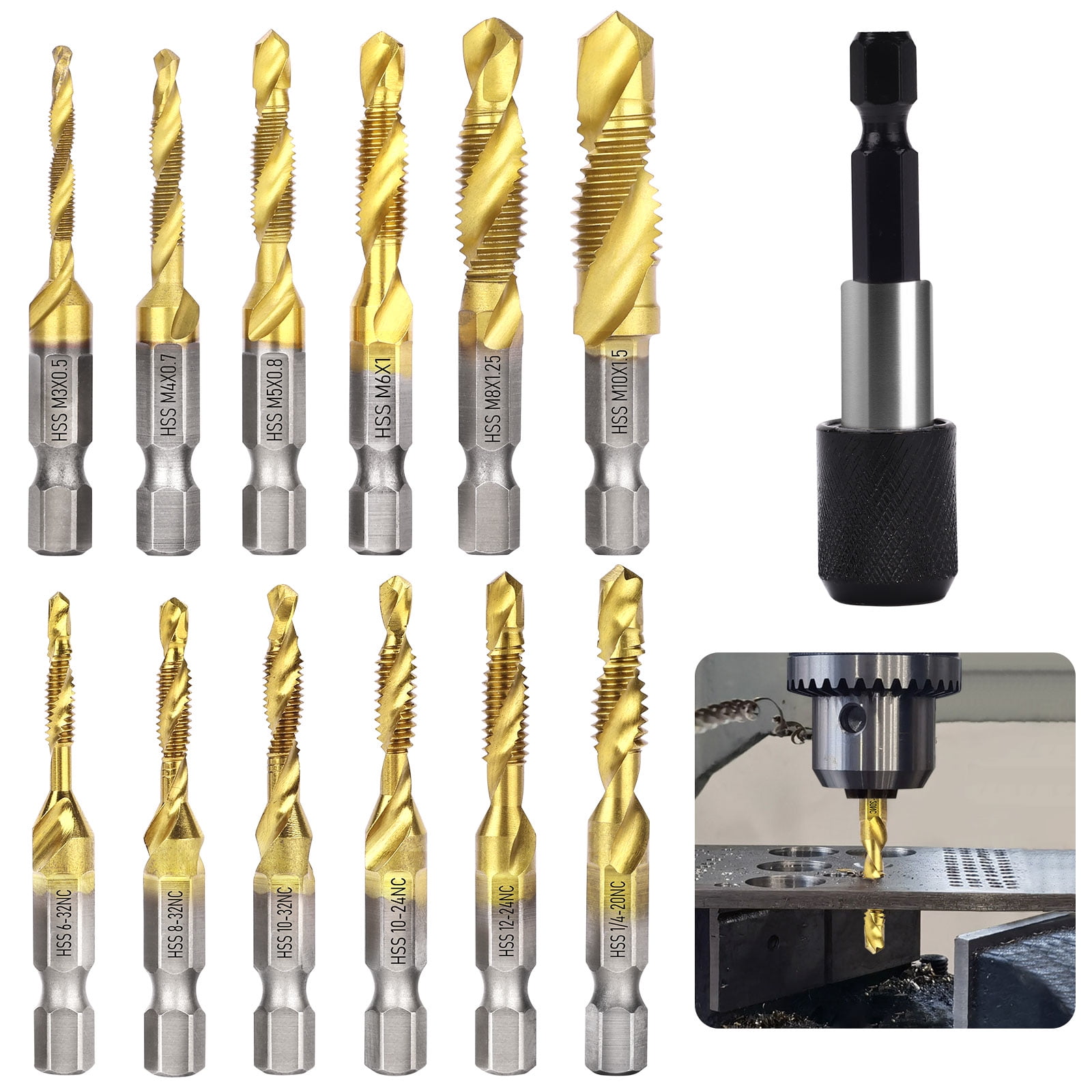 Drill Drillforce Combination Drill Tap Bits Set 3-in-1 HSS Metric & SAE Kit For Screw Thread Drilling Tapping Deburring Countersinking Tap Set